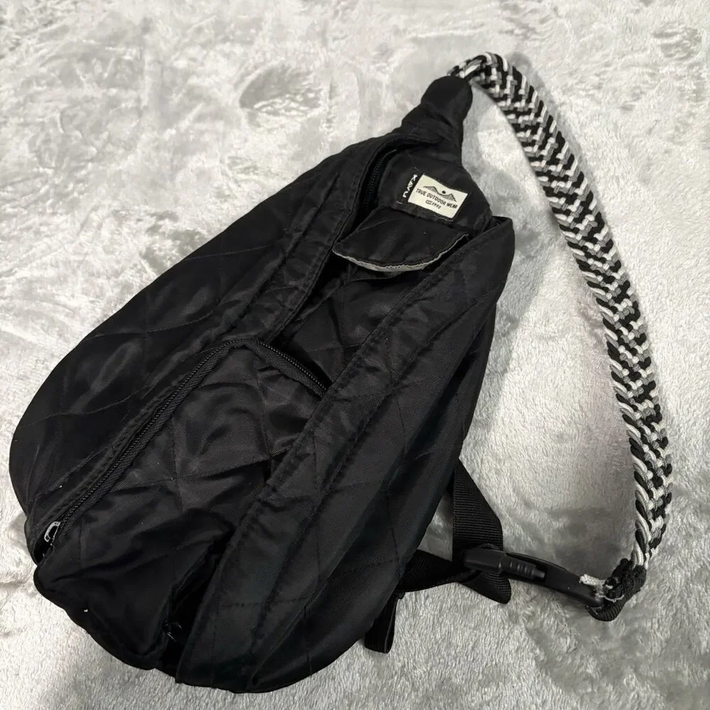 KAVU Quilted Rope Sling Bag Black Polyester Crossbody Backpack Gorpcore Boho